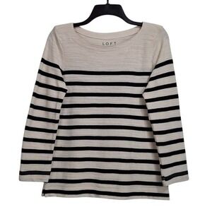 LOFT Sweater Top Womens XS Ivory Black Cotton 3/4 Sleeve Striped Neutral Classic
